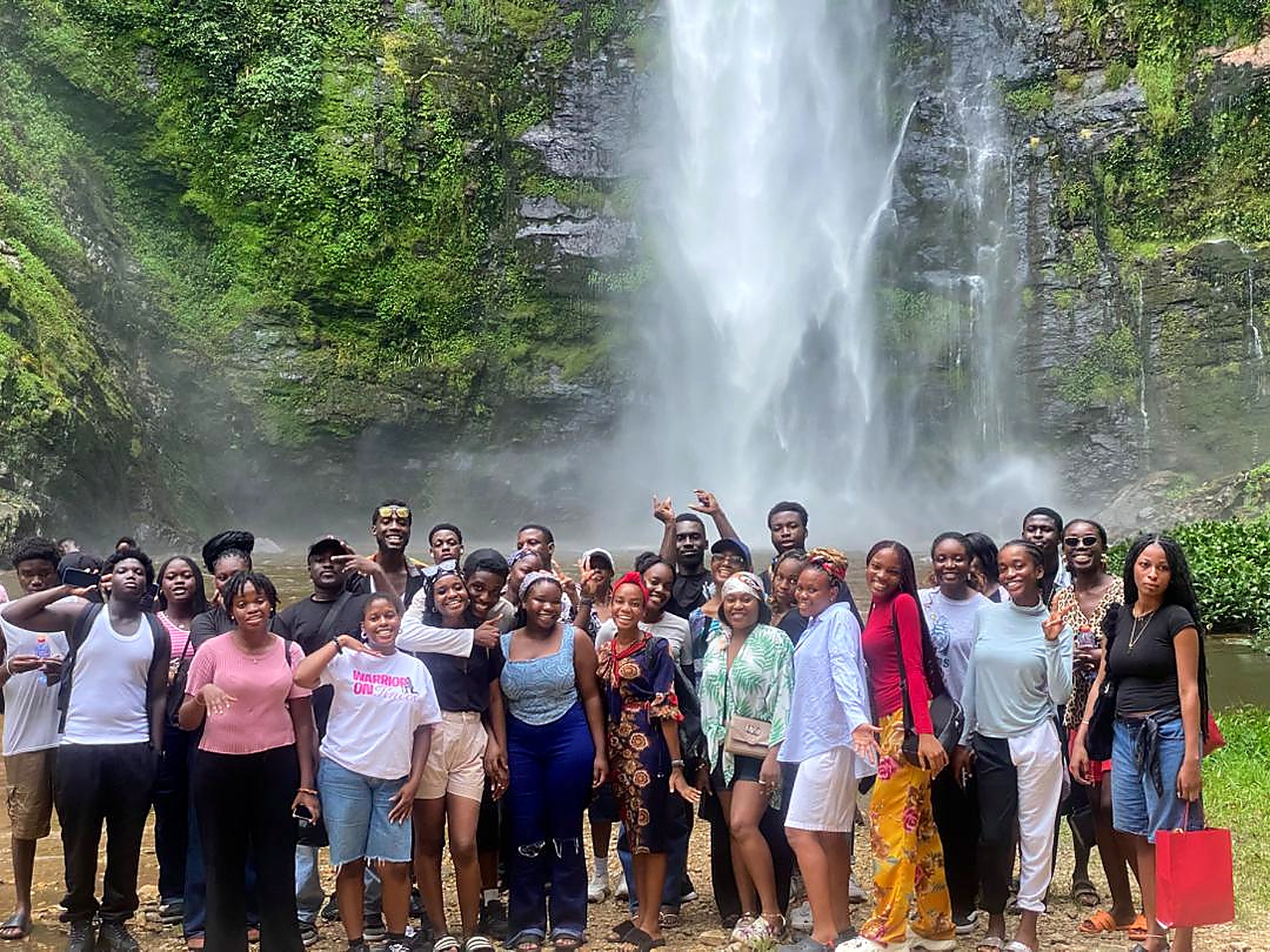 International students of Central University visiting the Wli Waterfalls